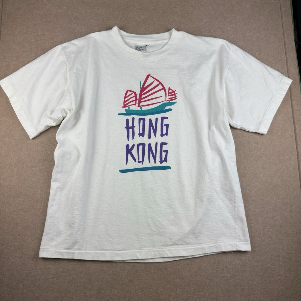 Vintage Hong‎ Kong Shirt Men L White Tourist Junk Boat Graphic Single Stitch Tee